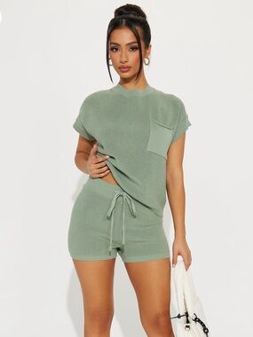 NWT Fashion Nova Set (L) Waffle Knit Drawstring Lounge Shorts - Sage Green